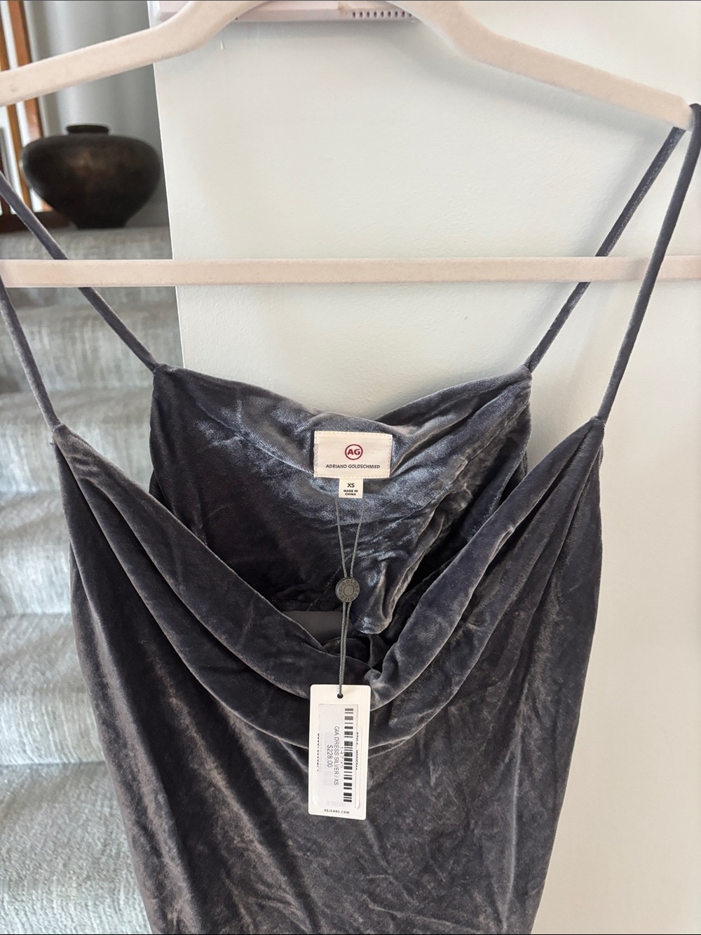 AG Adriano Goldschmied Charcoal Velvet Cowl Slip Dress NWT